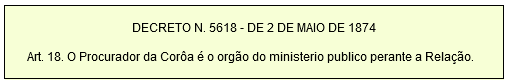 DECRETO N. 5618 - DE 2 DE MAIO DE 1874 Art. 18. O Procurador da Corôa é o orgão do ministerio publico perante a Relação.