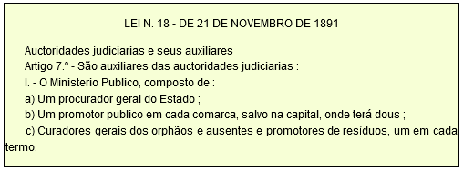 LEI N. 18 - DE 21 DE NOVEMBRO DE 1891 Auctoridades judiciarias e seus auxiliares Artigo 7.º - São auxiliares das auctoridades judiciarias : I. - O Ministerio Publico, composto de : a) Um procurador geral do Estado ; b) Um promotor publico em cada comarca, salvo na capital, onde terá dous ; c) Curadores gerais dos orphãos e ausentes e promotores de resíduos, um em cada termo.