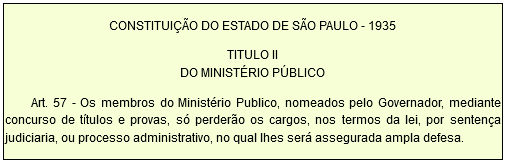 CONSTITUIÇÃO DO ESTADO DE SÃO PAULO - 1935 TITULO II DO MINISTÉRIO PÚBLICO Art. 57 - Os membros do Ministério Publico, nomeados pelo Governador, mediante concurso de títulos e provas, só perderão os cargos, nos termos da lei, por sentença judiciaria, ou processo administrativo, no qual lhes será assegurada ampla defesa.