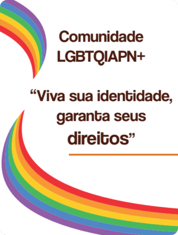 Capa do folder com grafismos e o texto "Comunidade LGBTQIAPN+ - Viva sua identidade, garanta seus direitos"