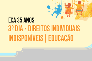 Imagem meramente ilustrativa, de forma quadricular, com fundo salmão e rodapé cinza. No centro, está o título do evento. No topo, à direita, ilustrações coloridas de 3 crianças em balanços. Fim da descrição.