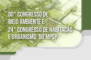 Imagem em formato quadrado, com fundo verde e paisagem urbana e rodapé cinza com borda verde. No centro, está o título dos Congressos. Fim da descrição.